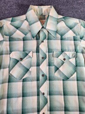 Vtg 70's Wrangler Pearl Snap Western Shirt USA Made 15/34 Long Tail Striped Rare